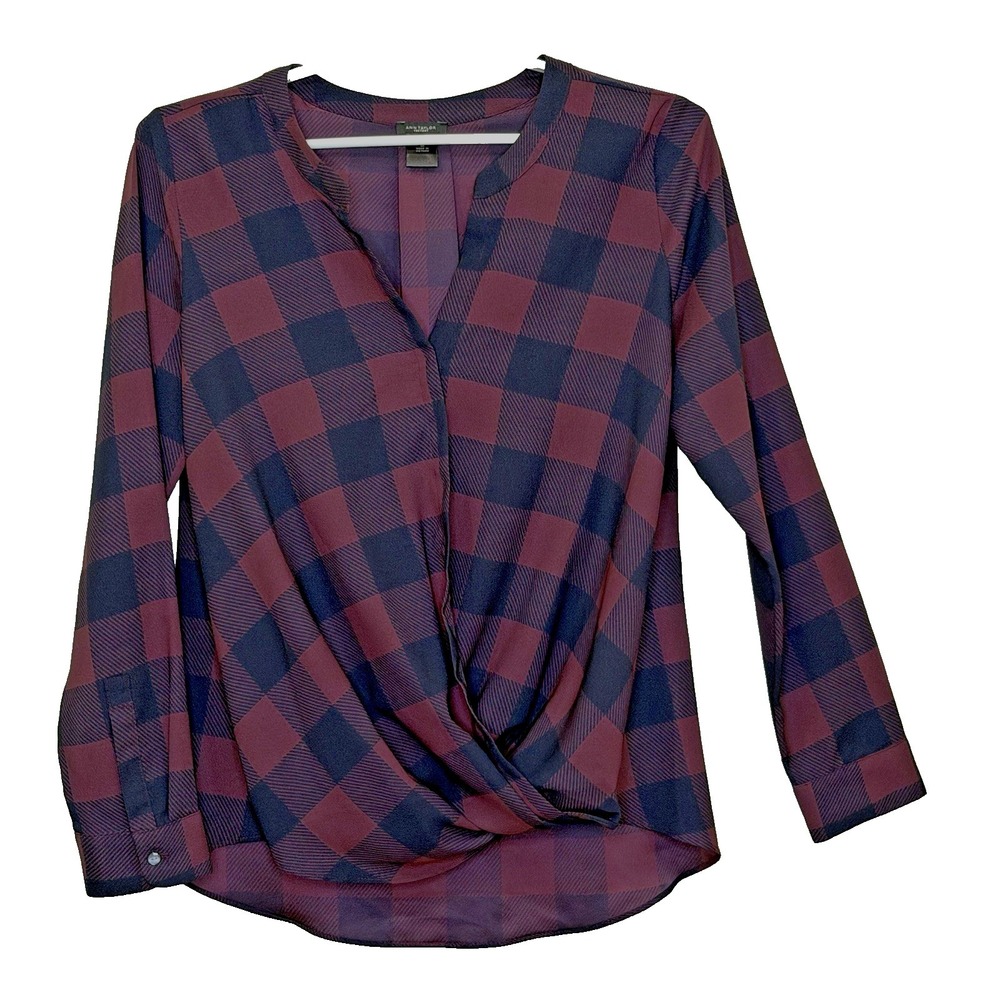 Ann Taylor Blouse Sz 14 Burgundy Black Buffalo Check Long Sleeve Crossover Wrap